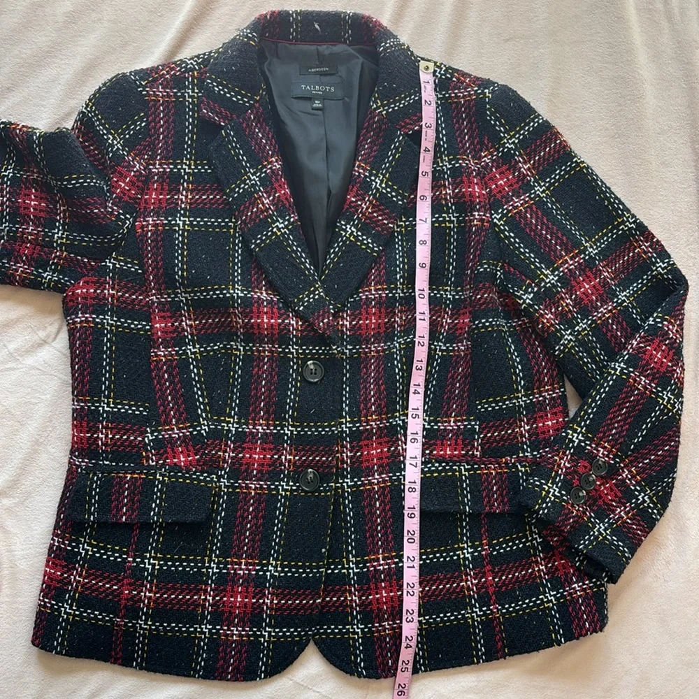 Talbots Aberdeen Tweed Wool Plaid Blazer Blazer Navy Red White Size 16P - Picture 5 of 9
